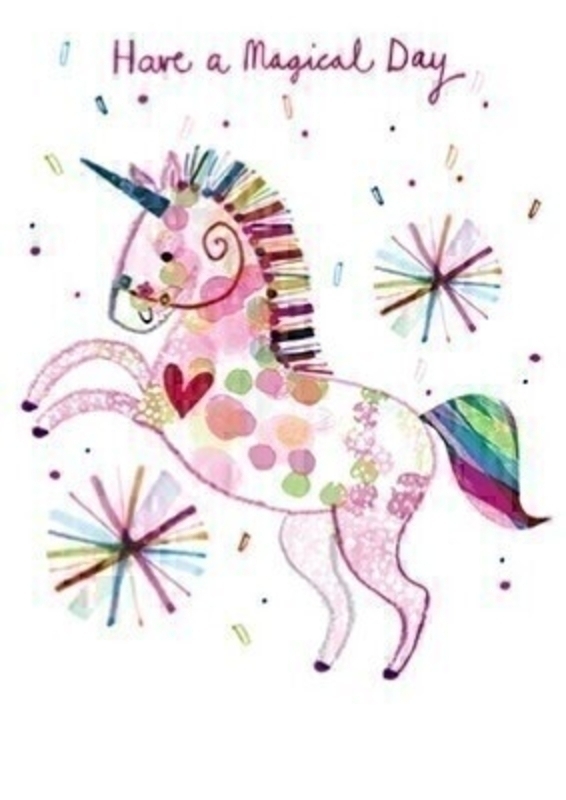 This Birthday greetings card from Paper Rose shows a brightly coloured unicorn jumping through confetti and fireworks. It has Have a Magical Day written on the front and Happy Birthday written on the inside. The card is perfect to send to someone celebrating a birthday and comes complete with a purple envelope.